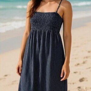A NEW DAY Navy Striped Smocked Midi Dress
